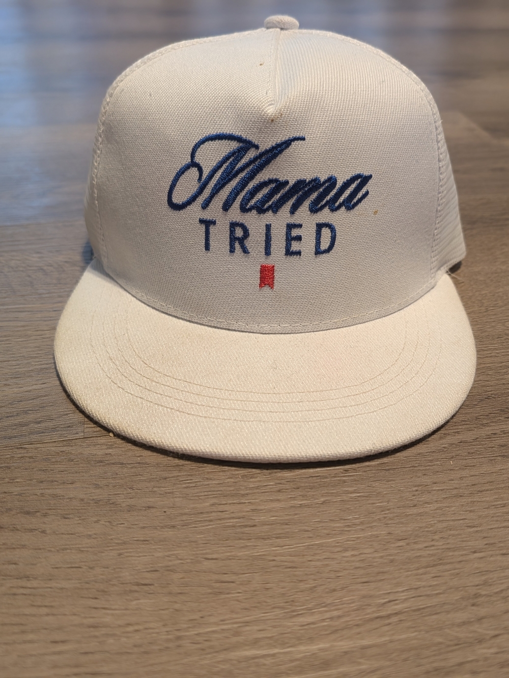 Mama Tried White Snapback Hat with Blue Embroidery
